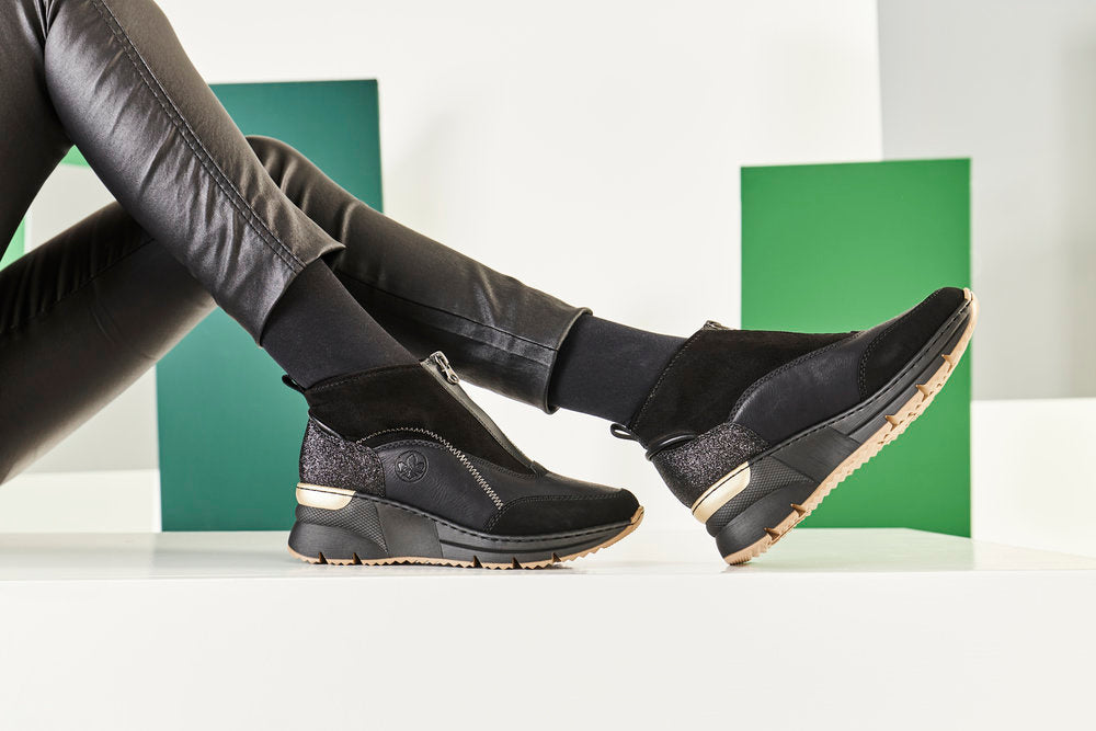 Rieker N6361-00 Black Ankle Boots with Front Zip & Sparkle Heel