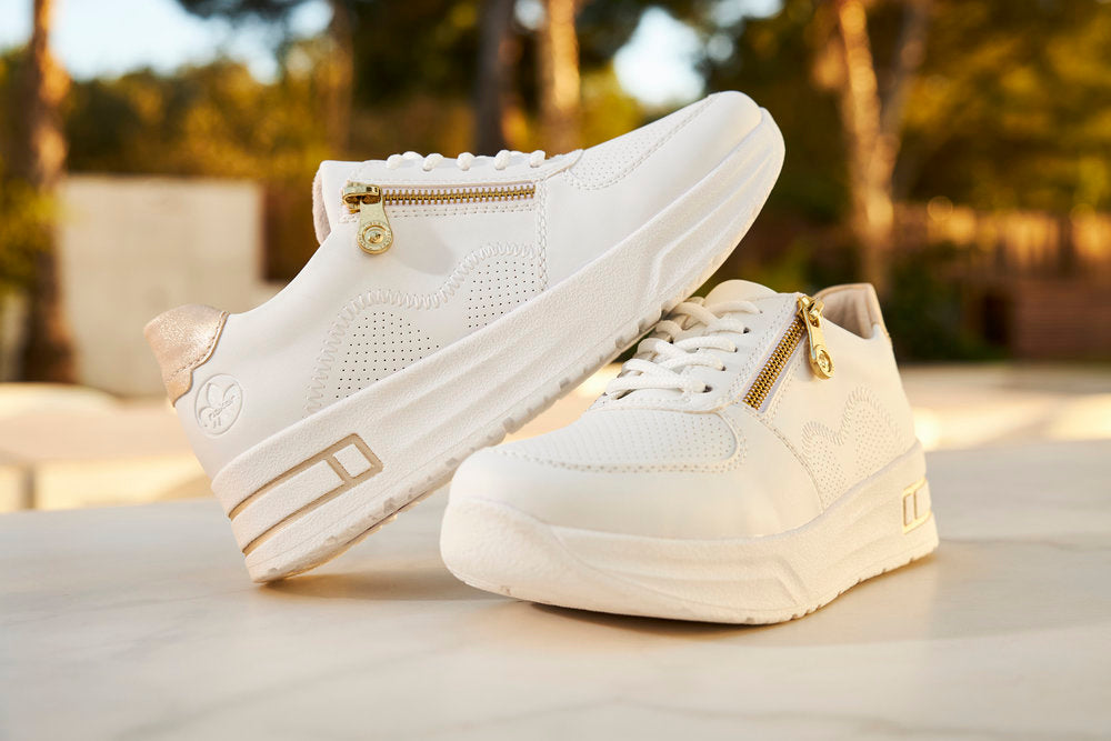 Rieker N8100-80 White H Fit Trainers with Gold Zip