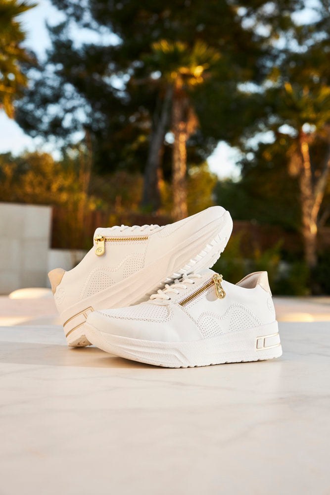 Rieker N8100-80 White H Fit Trainers with Gold Zip