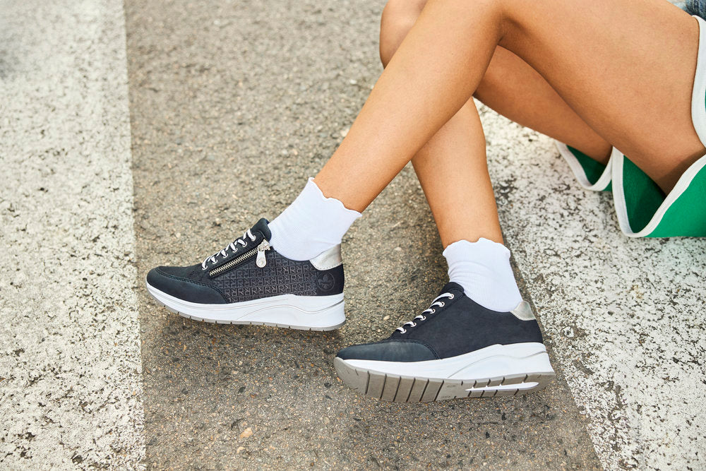 Rieker N9516-14 Navy & Silver Trim H Fit Wedge Sneakers with Zip