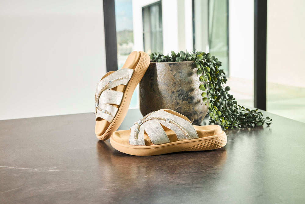 Rieker V1588-60 Beige Glitz Slip On Sandals