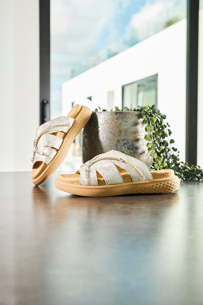 Rieker V1588-60 Beige Glitz Slip On Sandals