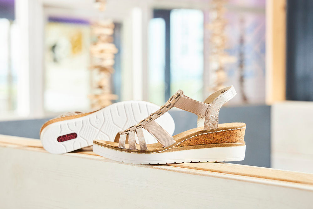 Rieker V3822-90 Metallic Rose Wedge Sandals with Slingback Strap and Bead Detailing