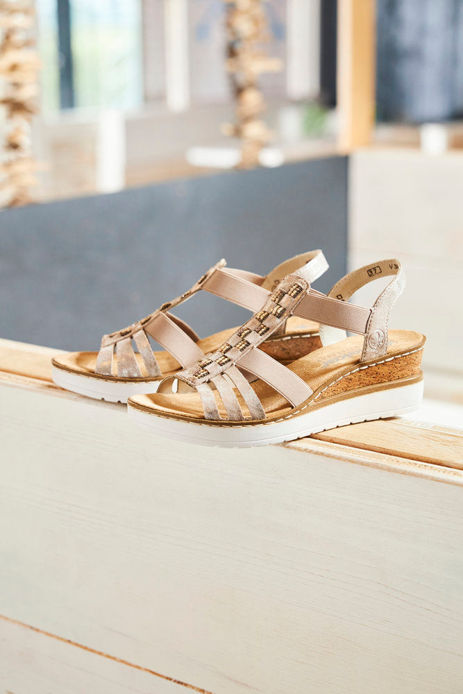 Rieker V3822-90 Metallic Rose Wedge Sandals with Slingback Strap and Bead Detailing