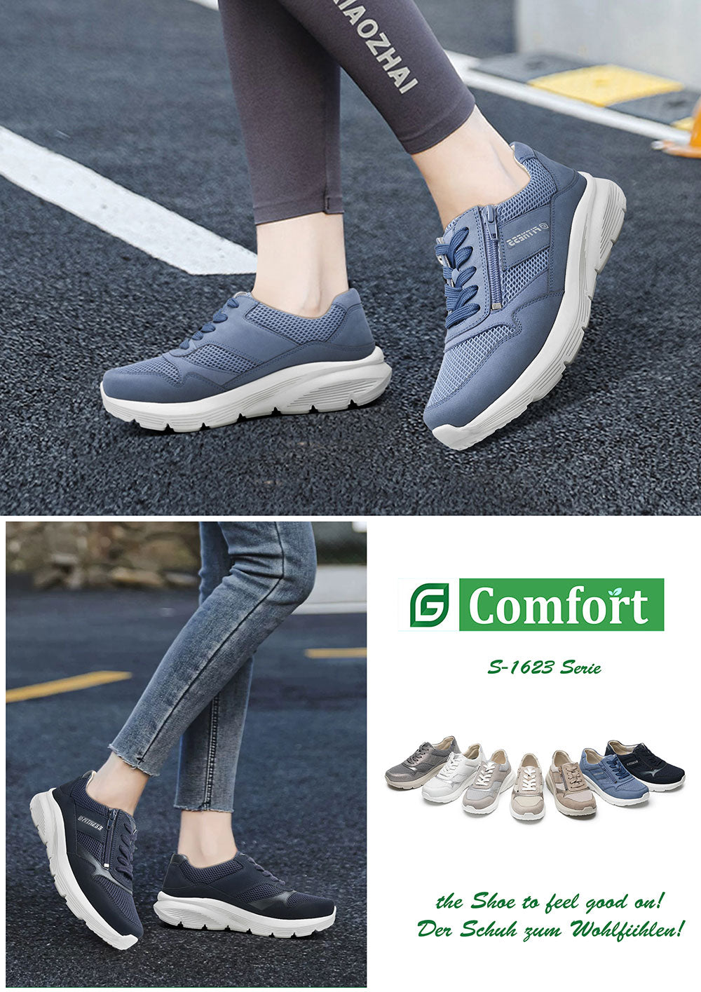 G Comfort Fitness S-1623 Navy Sneakers with Side Zip & White Sole