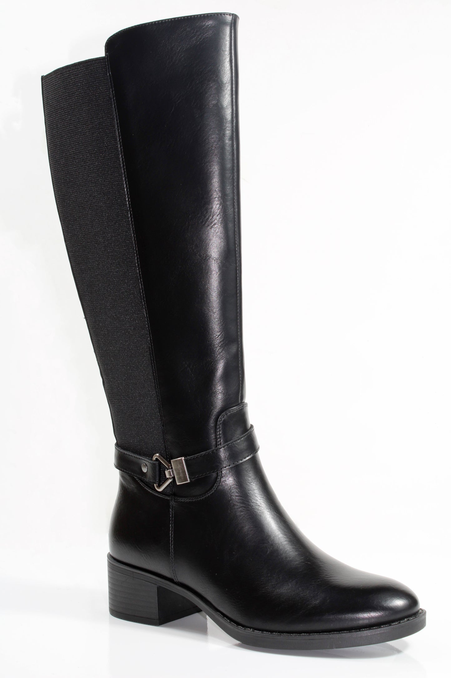 Susst SAMMY25 Black PU Strap & Buckle Flat Knee High Boots