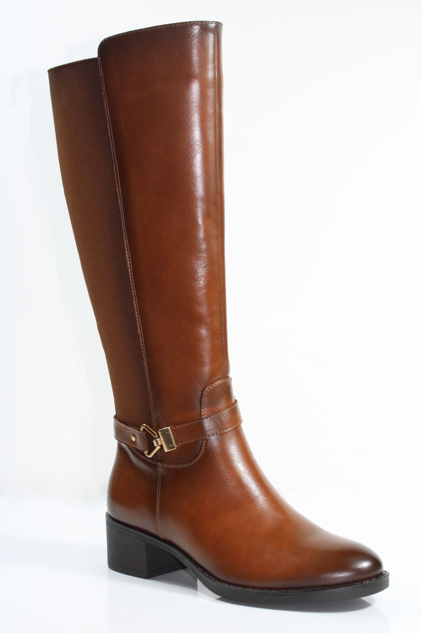 Susst SAMMY25 Tan PU Strap & Buckle Flat Knee High Boots