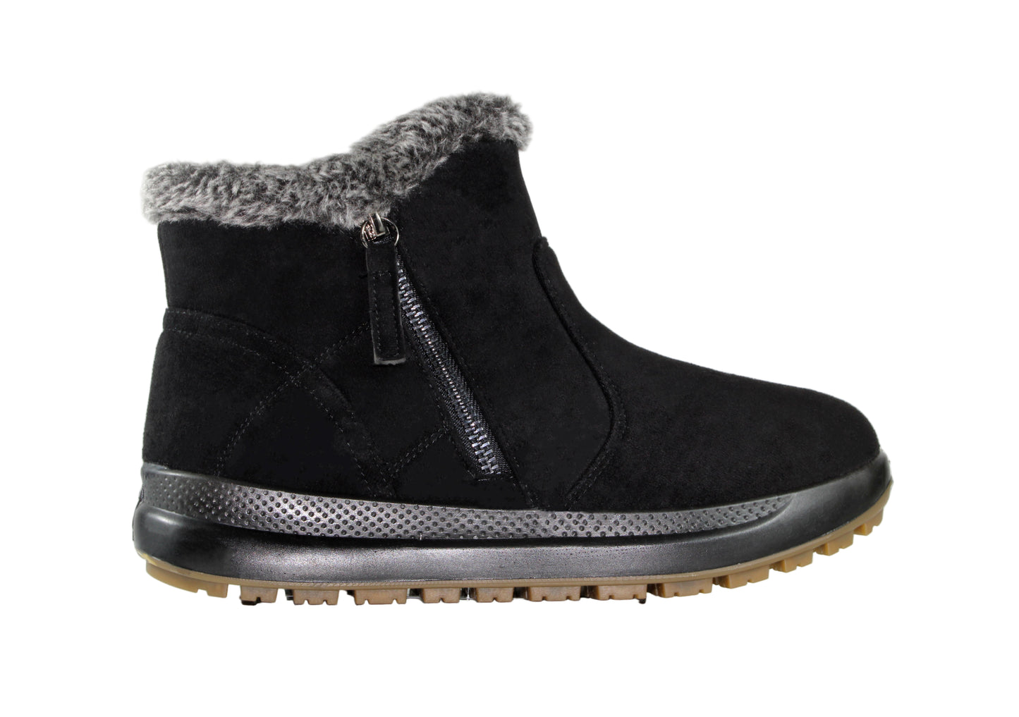 P Comfort WW1670 Black Micro Fur Lined Twin Zip Ankle Boots