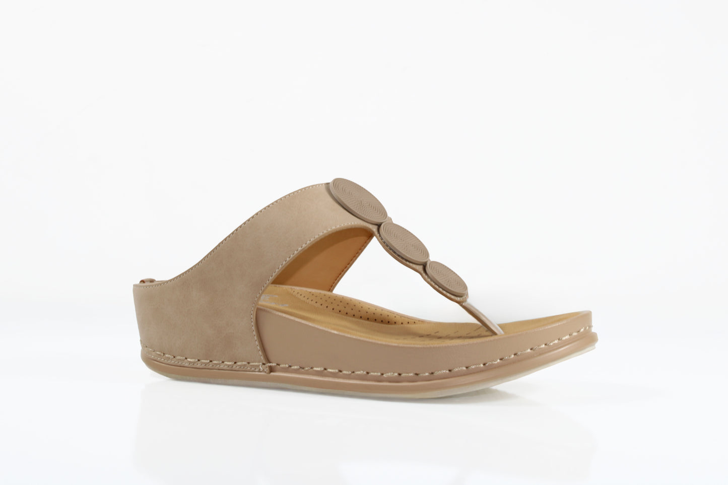 P Comfort WW1680 Beige PU Disc Trim Toe Post Mules