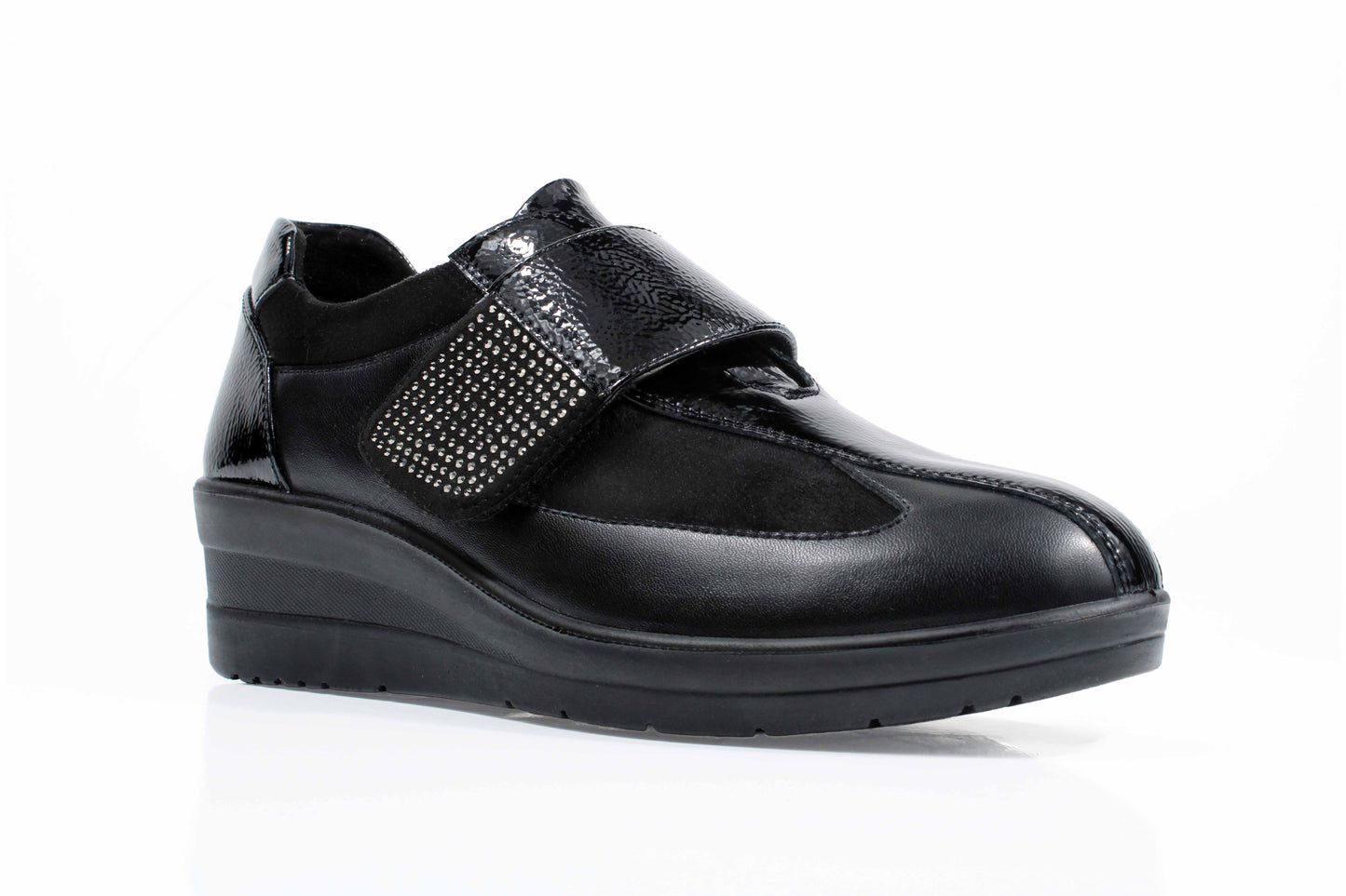 P Comfort WW1708 Black Patent/Micro Twin Zip Wedge Shoes