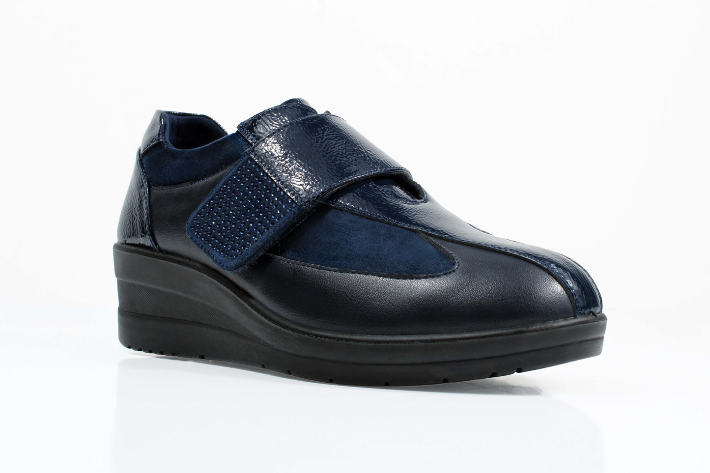 P Comfort WW1708 Dark Navy Patent/Micro Twin Zip Wedge Shoes
