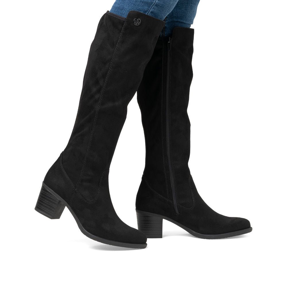 Rieker Y2050-01 Black Suede Long Block Heel Boots