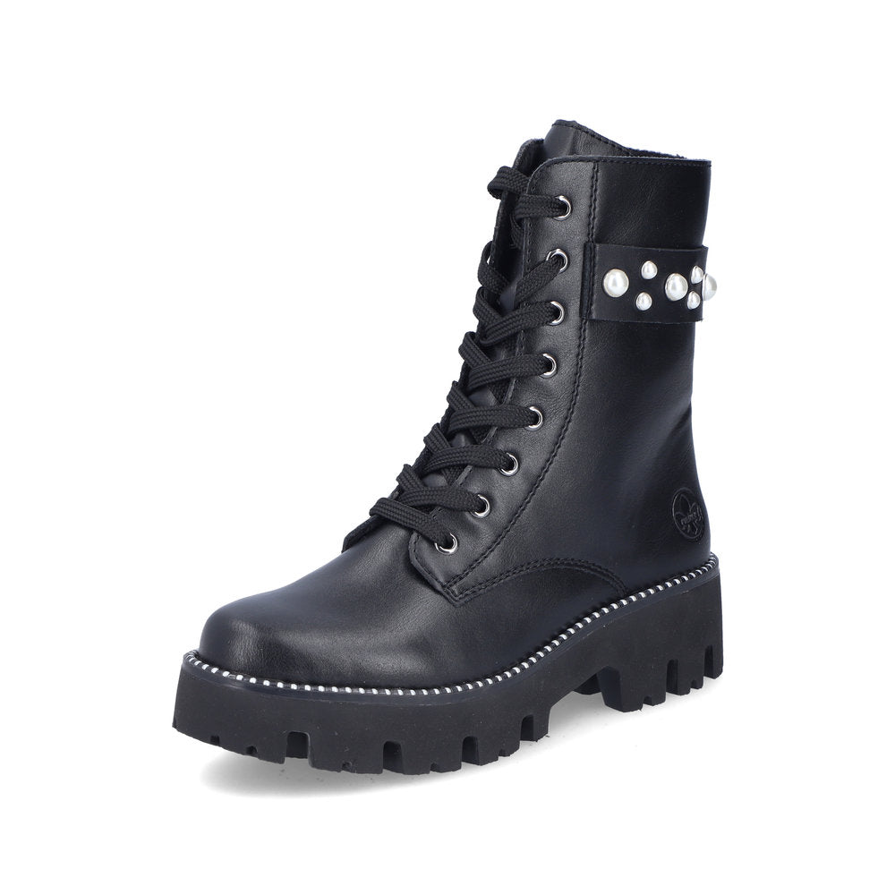 Rieker Y3354-00 Black Lace Boots with Side Pearls
