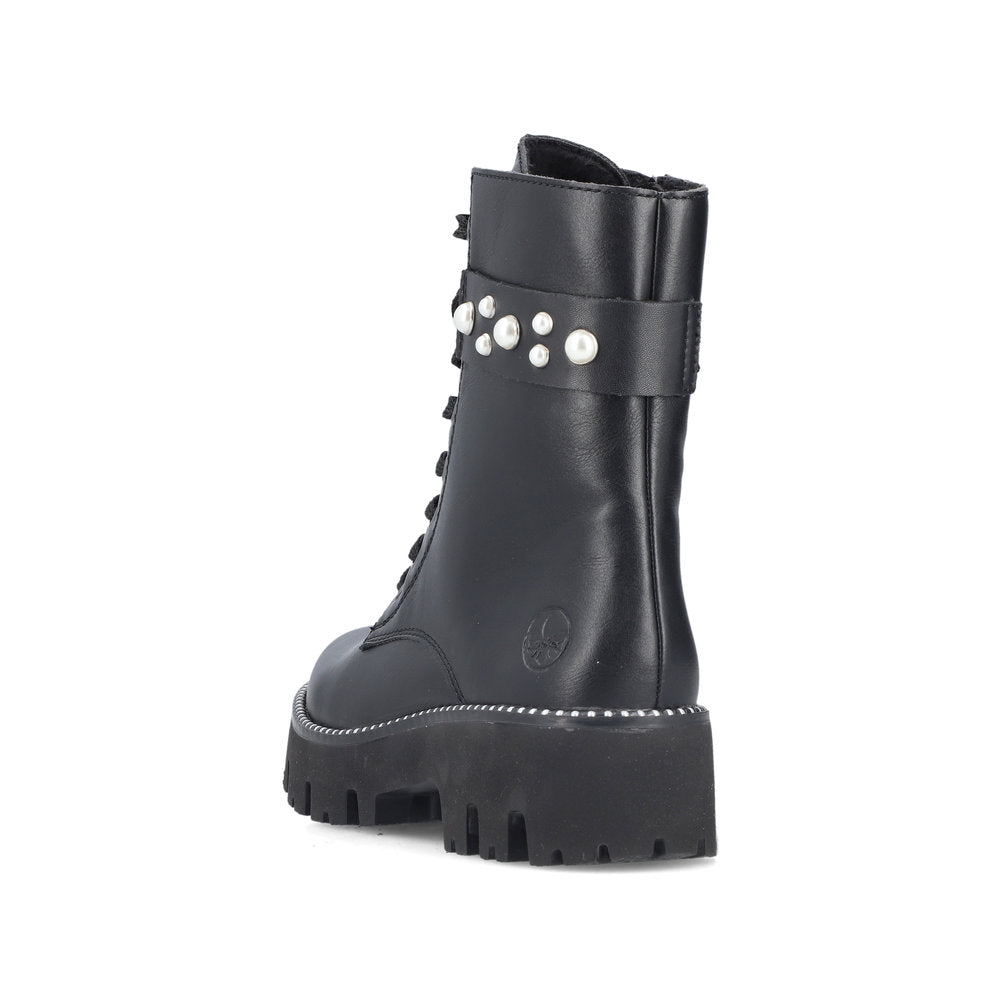 Rieker Y3354-00 Black Lace Boots with Side Pearls