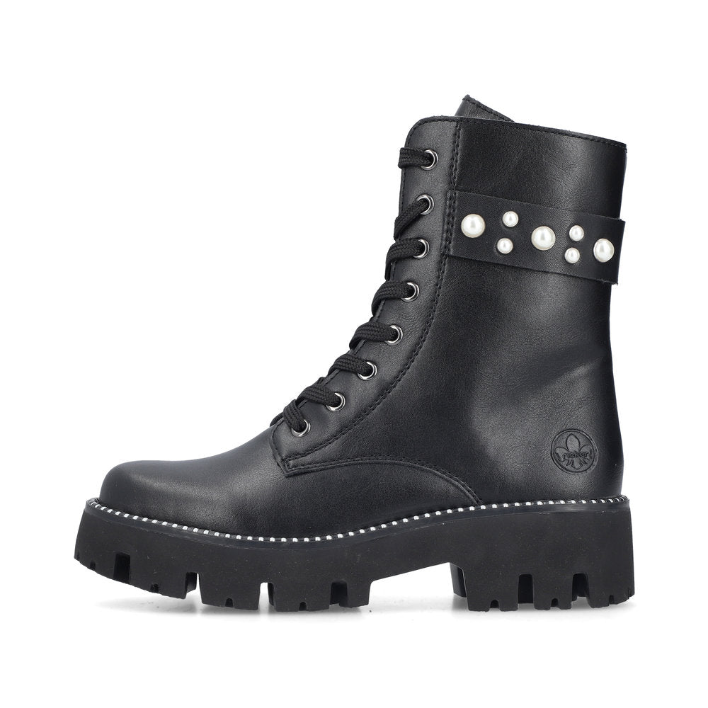 Rieker Y3354-00 Black Lace Boots with Side Pearls