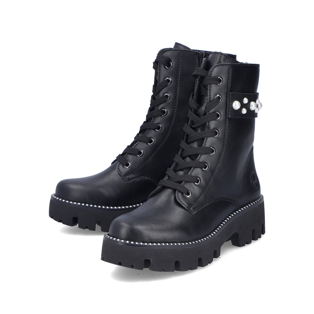 Rieker Y3354-00 Black Lace Boots with Side Pearls