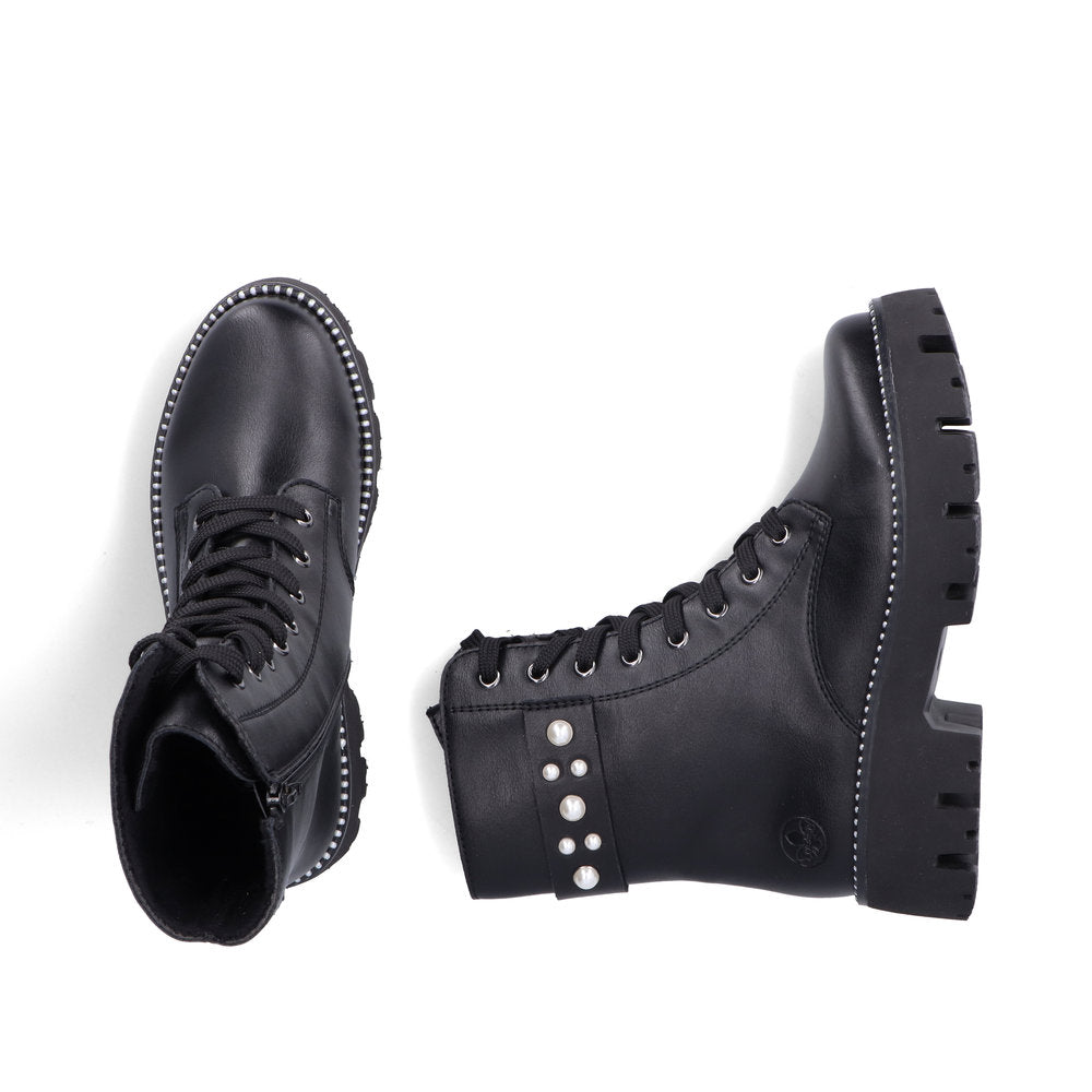 Rieker Y3354-00 Black Lace Boots with Side Pearls