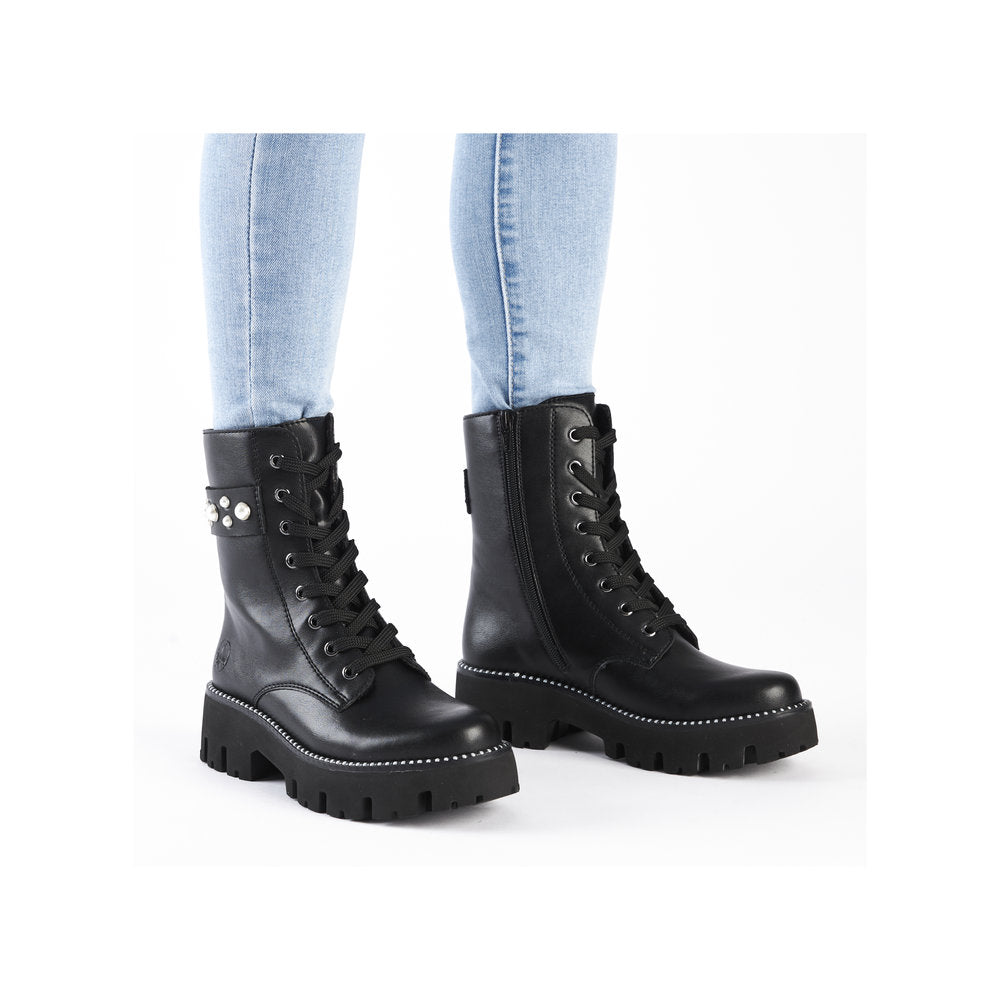 Rieker Y3354-00 Black Lace Boots with Side Pearls