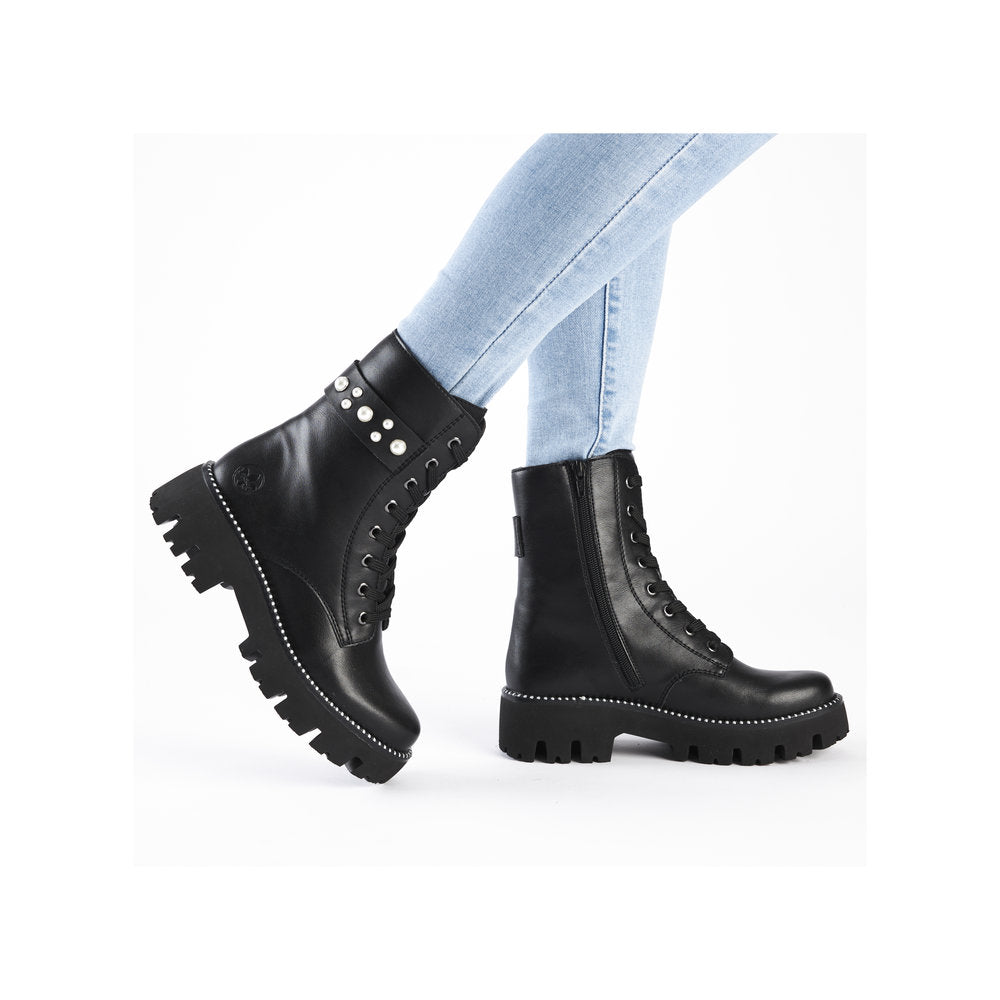 Rieker Y3354-00 Black Lace Boots with Side Pearls