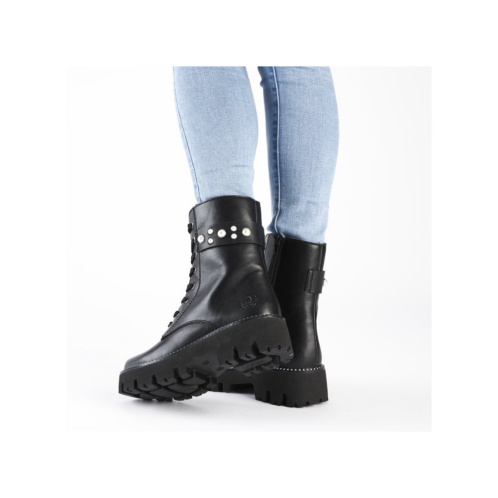 Rieker Y3354-00 Black Lace Boots with Side Pearls