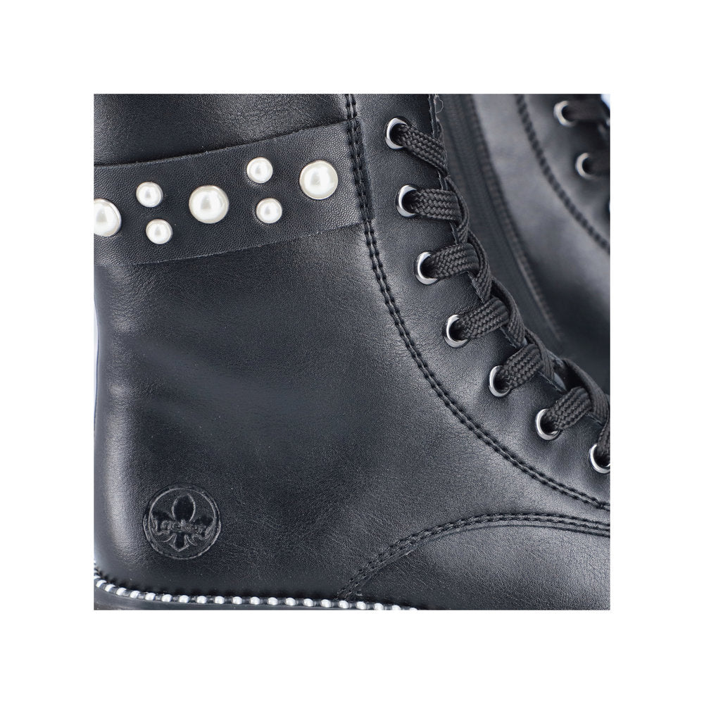 Rieker Y3354-00 Black Lace Boots with Side Pearls