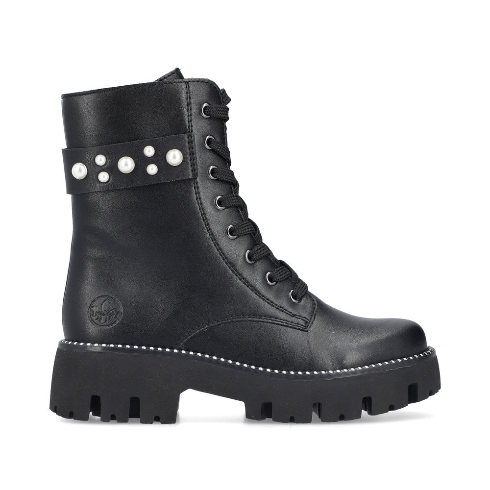 Rieker Y3354-00 Black Lace Boots with Side Pearls