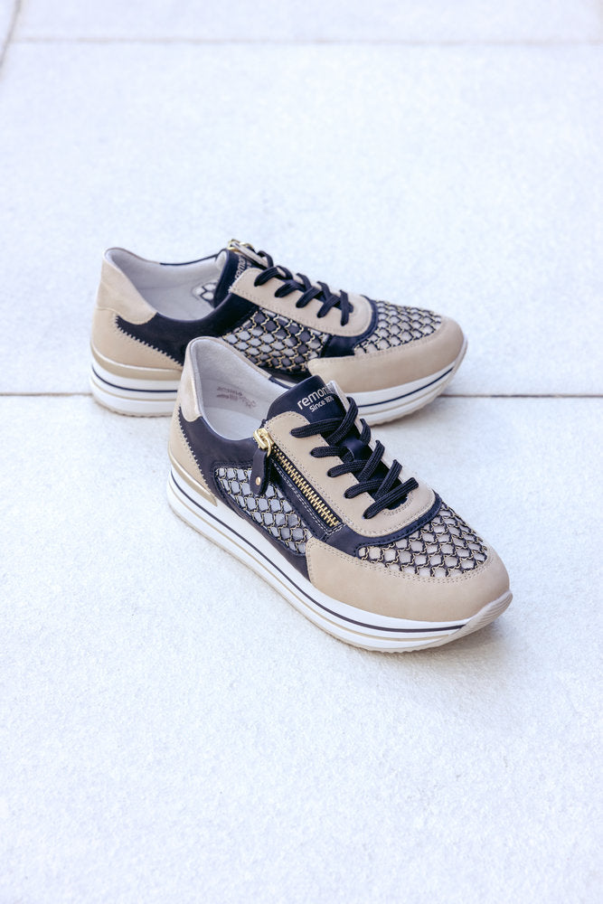 Remonte D1329-03 Pearl, Black & Gold Combi Sneakers with Side Zip - Vegan