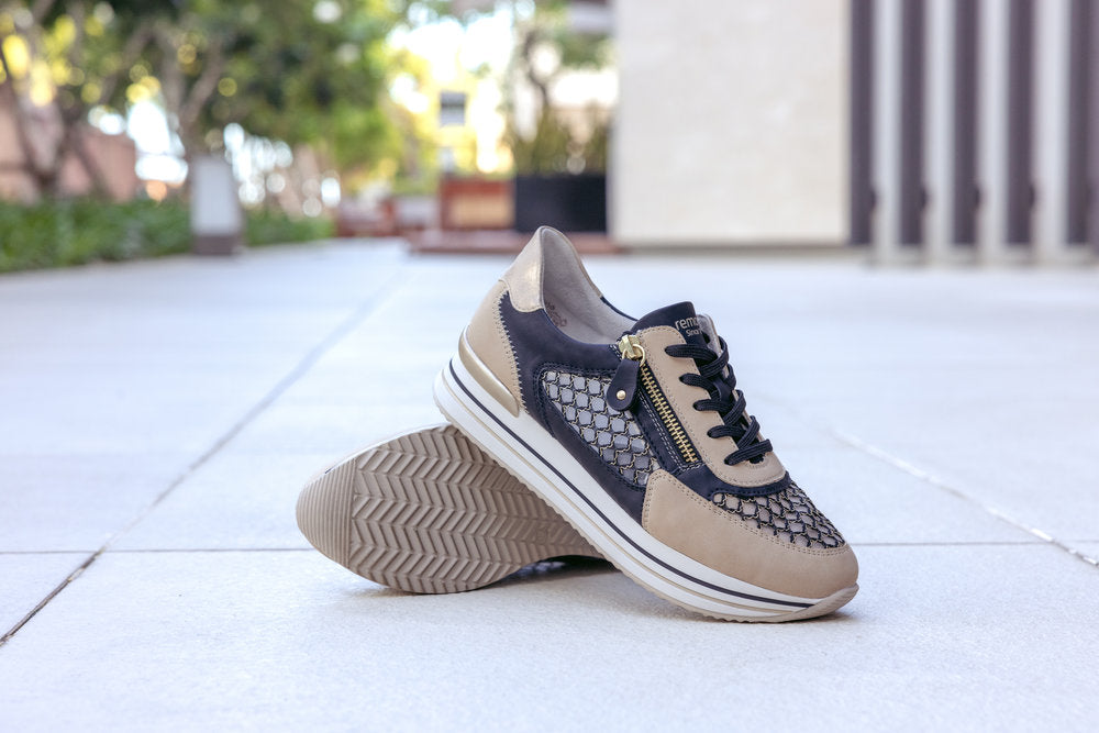 Remonte D1329-03 Pearl, Black & Gold Combi Sneakers with Side Zip - Vegan