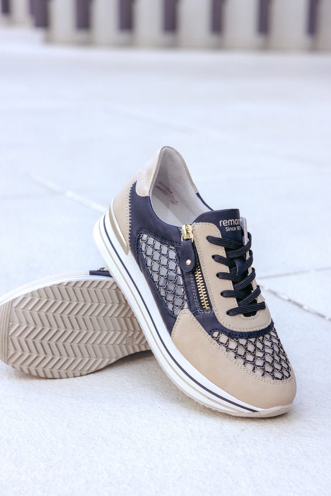 Remonte D1329-03 Pearl, Black & Gold Combi Sneakers with Side Zip - Vegan