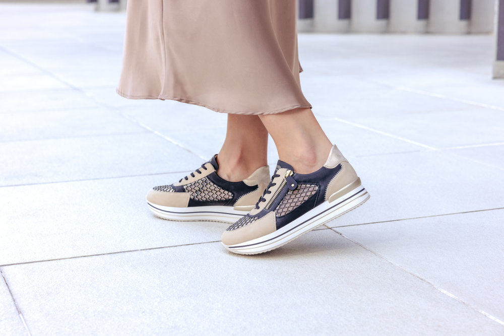 Remonte D1329-03 Pearl, Black & Gold Combi Sneakers with Side Zip - Vegan