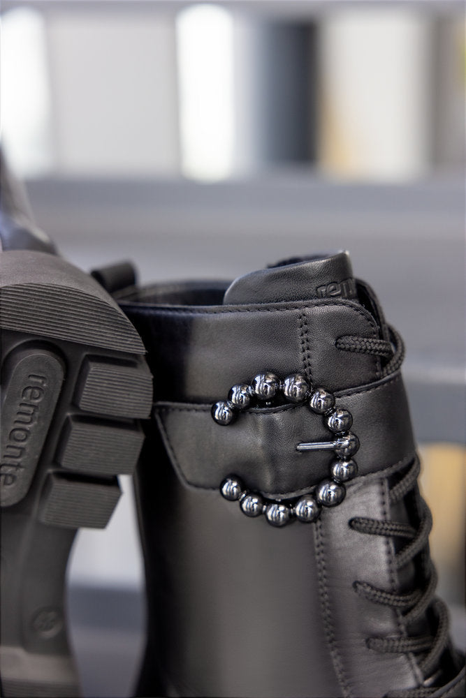 Remonte D1W70-00 Black Lace & 2 Buckle Ankle Boots