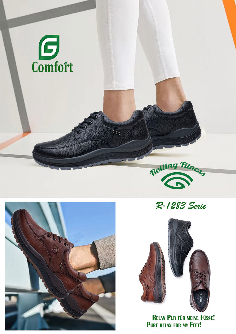 G Comfort R-1283 Cognac Tan Brown Lace Shoes with Rolling Fitness