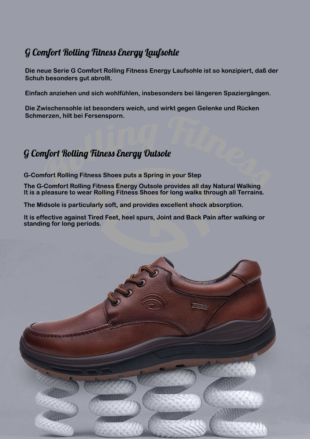 G Comfort R-1283 Cognac Tan Brown Lace Shoes with Rolling Fitness