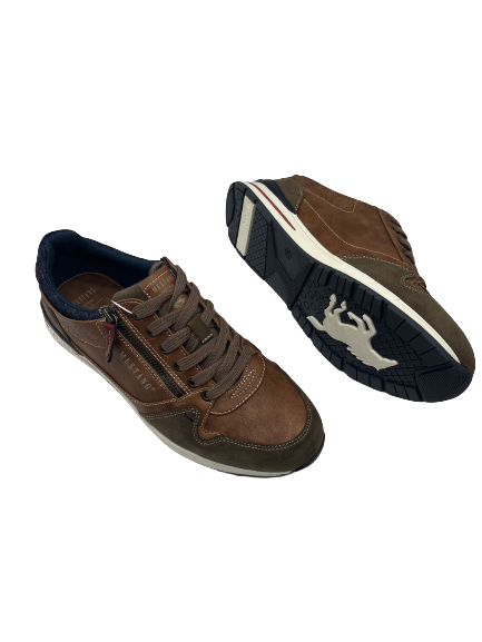 Mustang 4154-313-333 Light Brown/Tan, Navy & Red Trainers with Zip