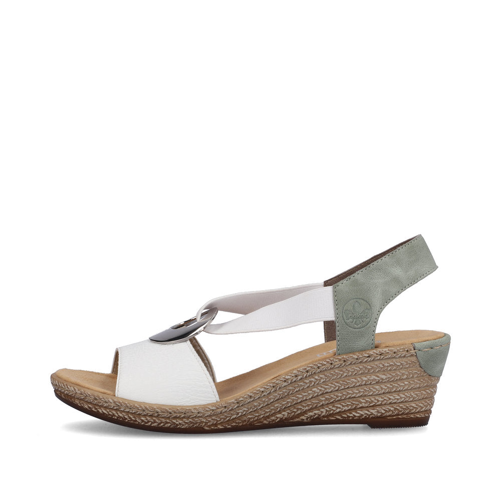 Rieker 624H6-80 White & Mint Green Wedges with Peep Toe & Slingback Strap