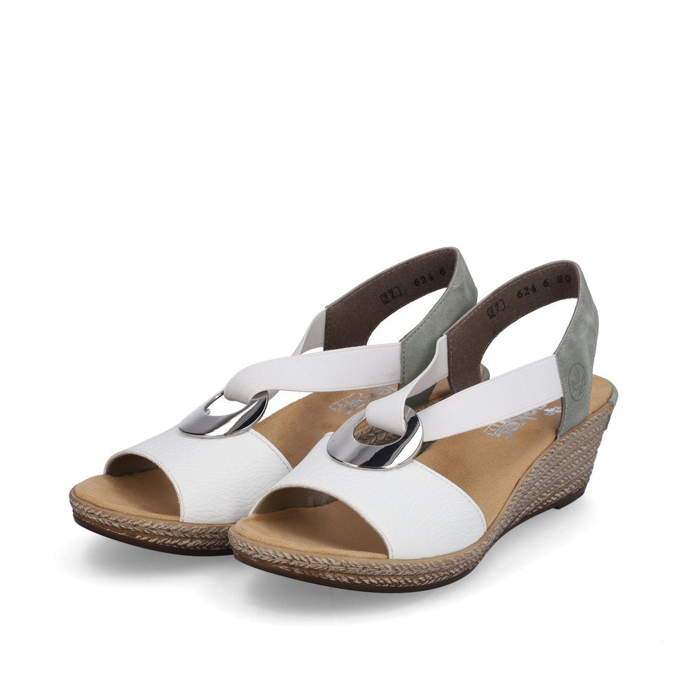 Rieker 624H6-80 White & Mint Green Wedges with Peep Toe & Slingback Strap