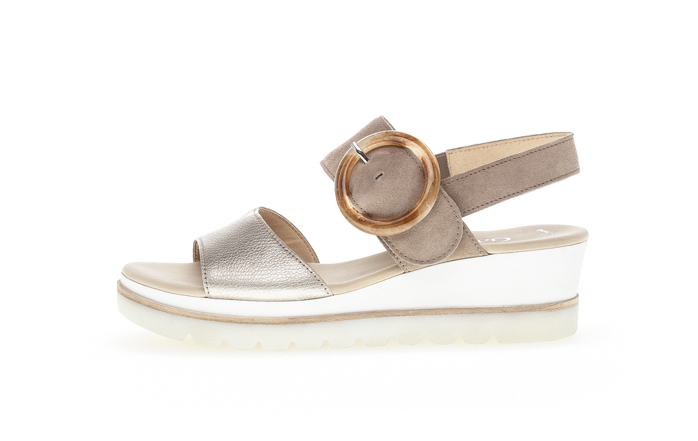 Gabor 64.645.62 Gold/Beige Shimmer Sandals with Brown Round Buckle