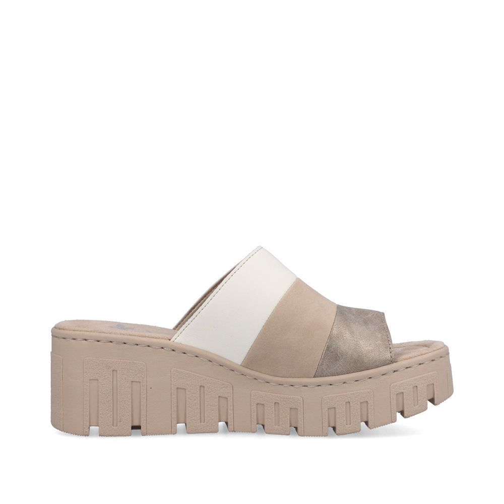 Rieker 68092-62 Beige Combi Slip On Wedge Heel Sandals