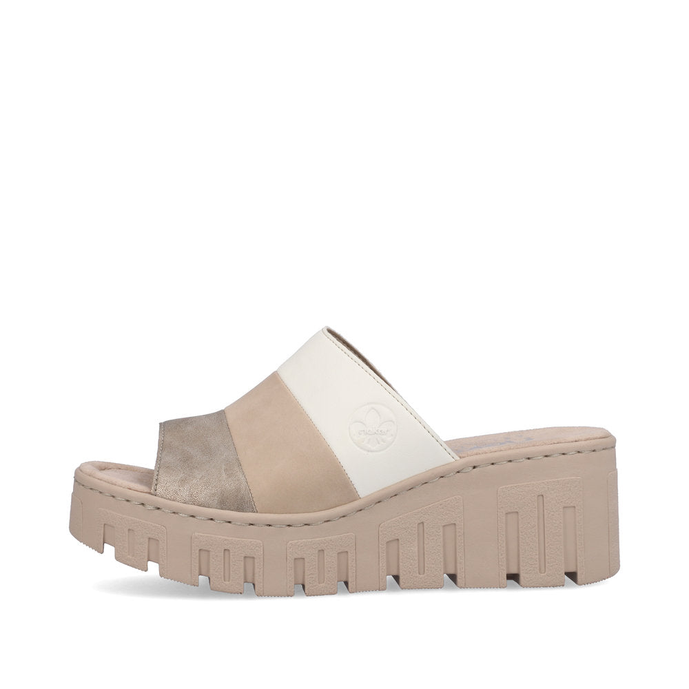 Rieker 68092-62 Beige Combi Slip On Wedge Heel Sandals
