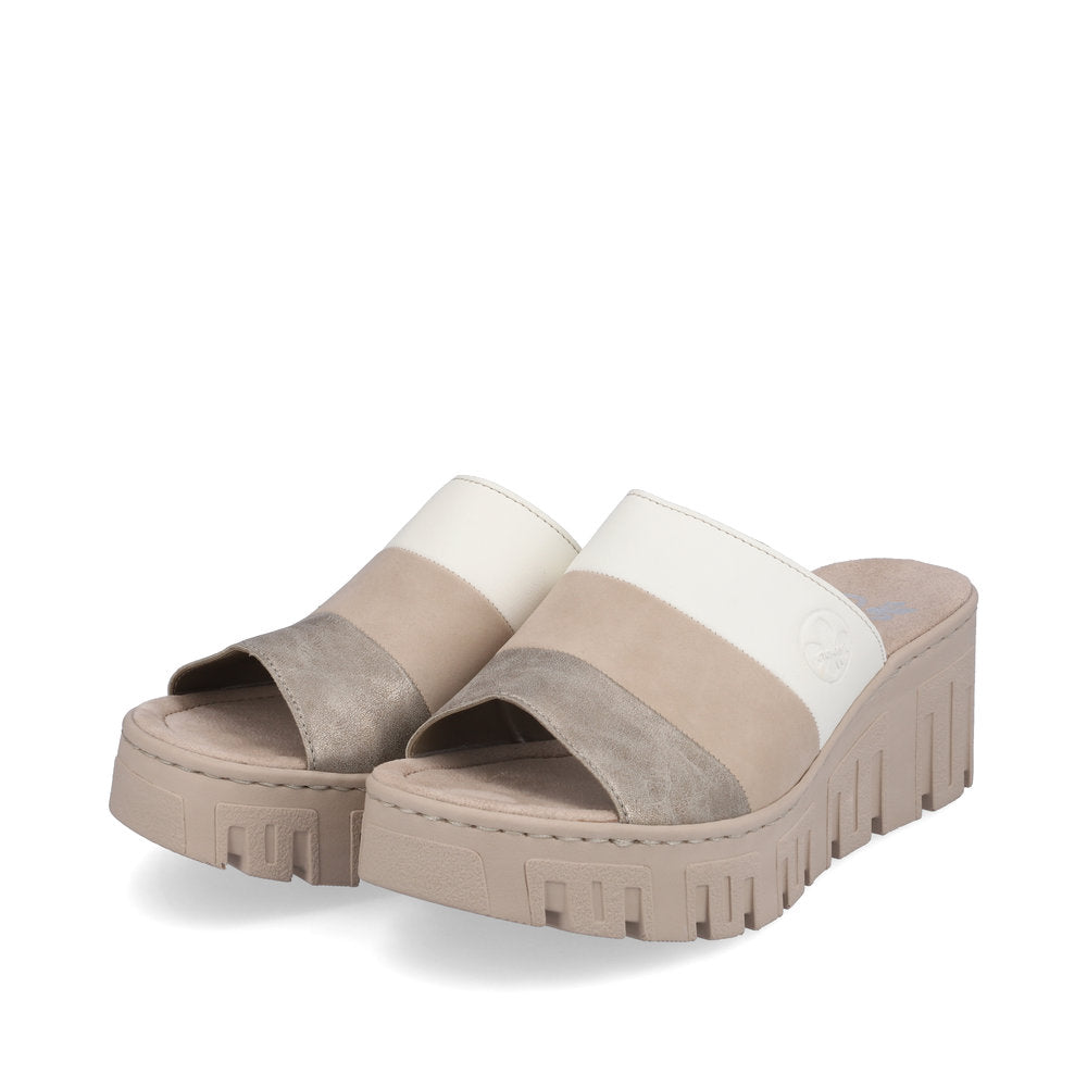 Rieker 68092-62 Beige Combi Slip On Wedge Heel Sandals
