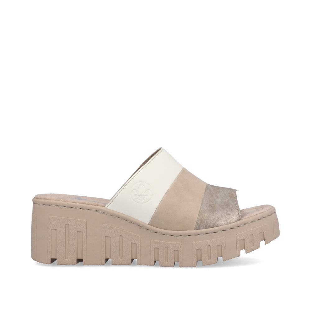 Rieker 68092-62 Beige Combi Slip On Wedge Heel Sandals