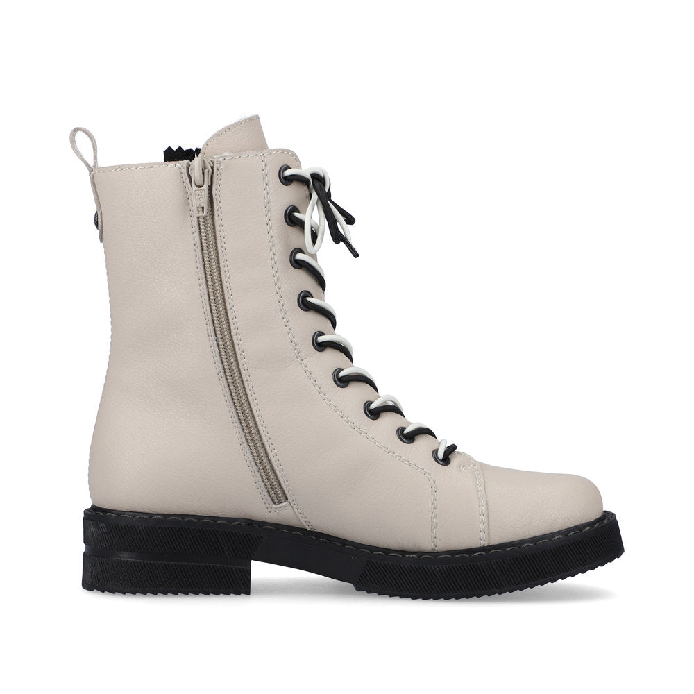 Rieker 72016-60 Cream Boots with Black Zip & Black/White Mix Laces