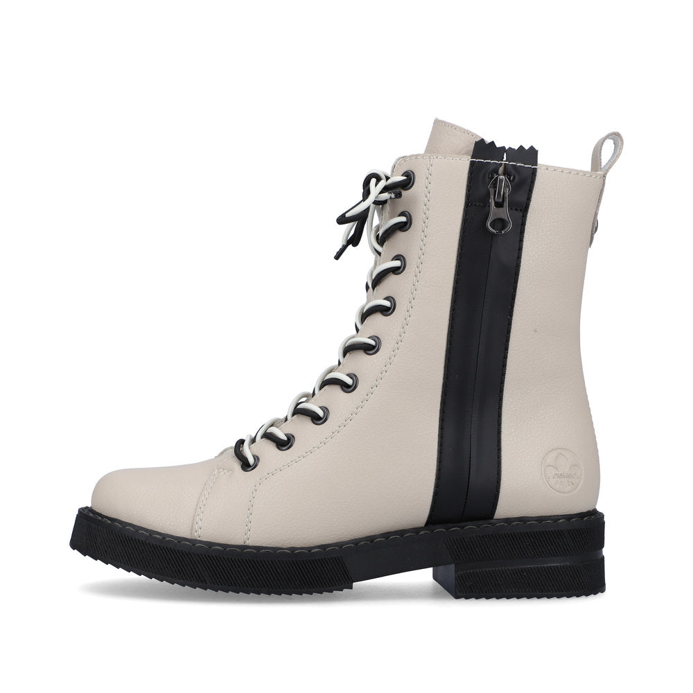 Rieker 72016-60 Cream Boots with Black Zip & Black/White Mix Laces