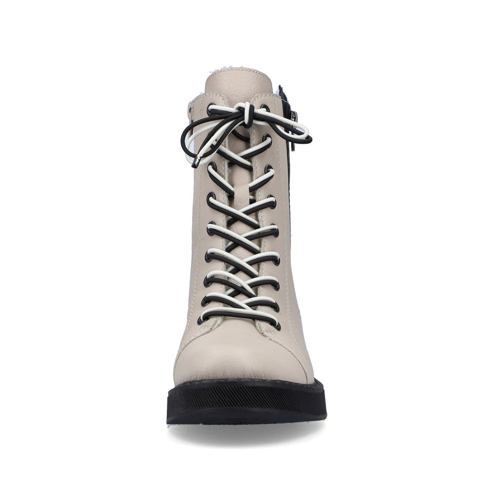 Rieker 72016-60 Cream Boots with Black Zip & Black/White Mix Laces