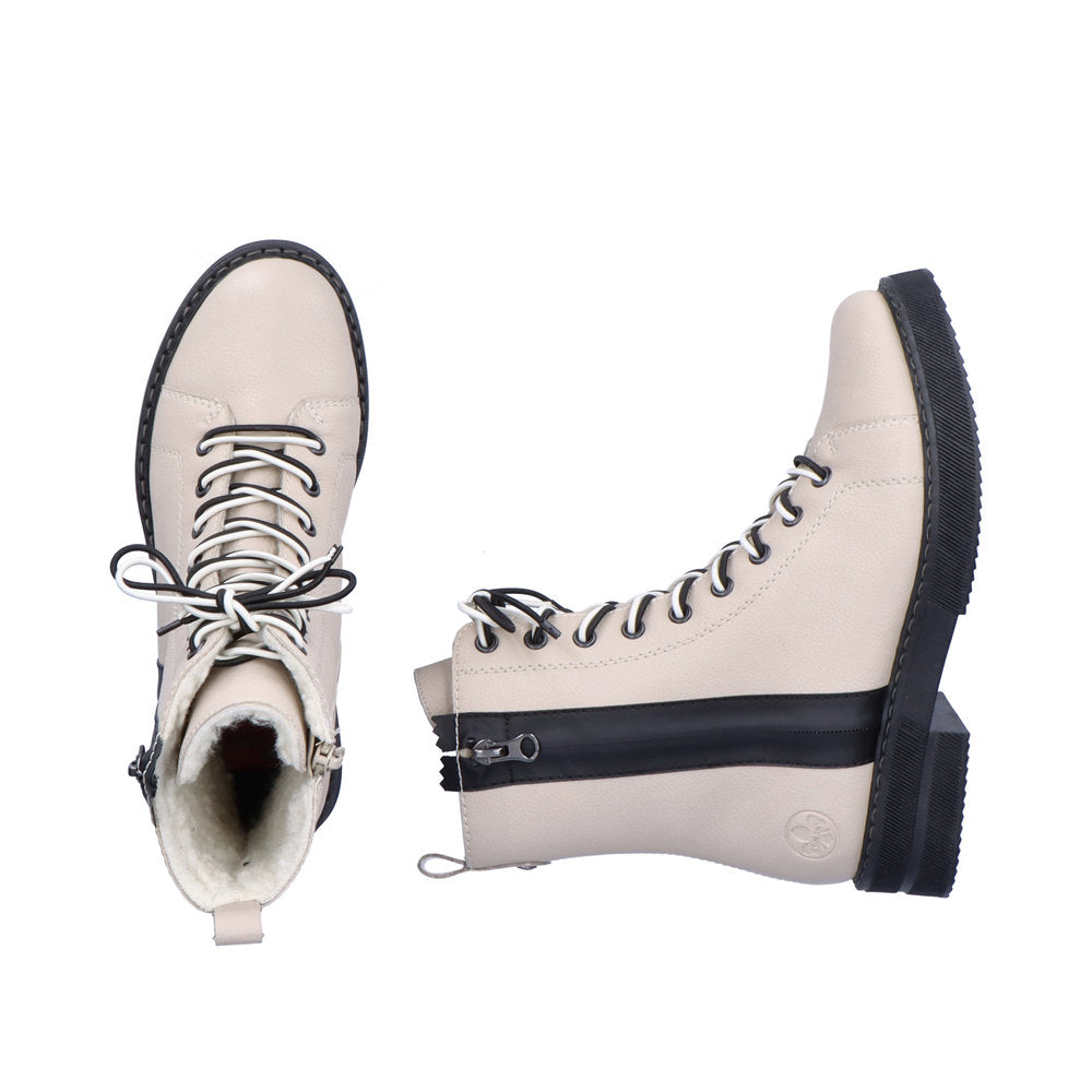 Rieker 72016-60 Cream Boots with Black Zip & Black/White Mix Laces