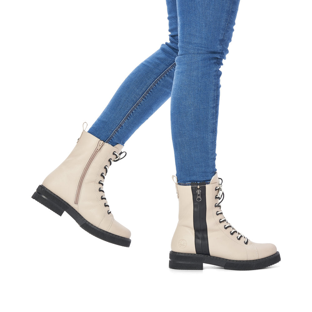 Rieker 72016-60 Cream Boots with Black Zip & Black/White Mix Laces