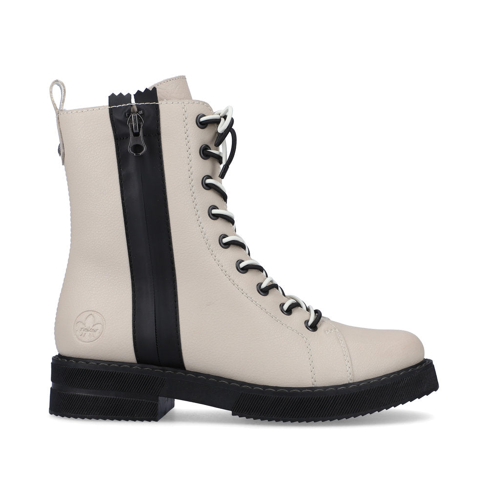 Rieker 72016-60 Cream Boots with Black Zip & Black/White Mix Laces