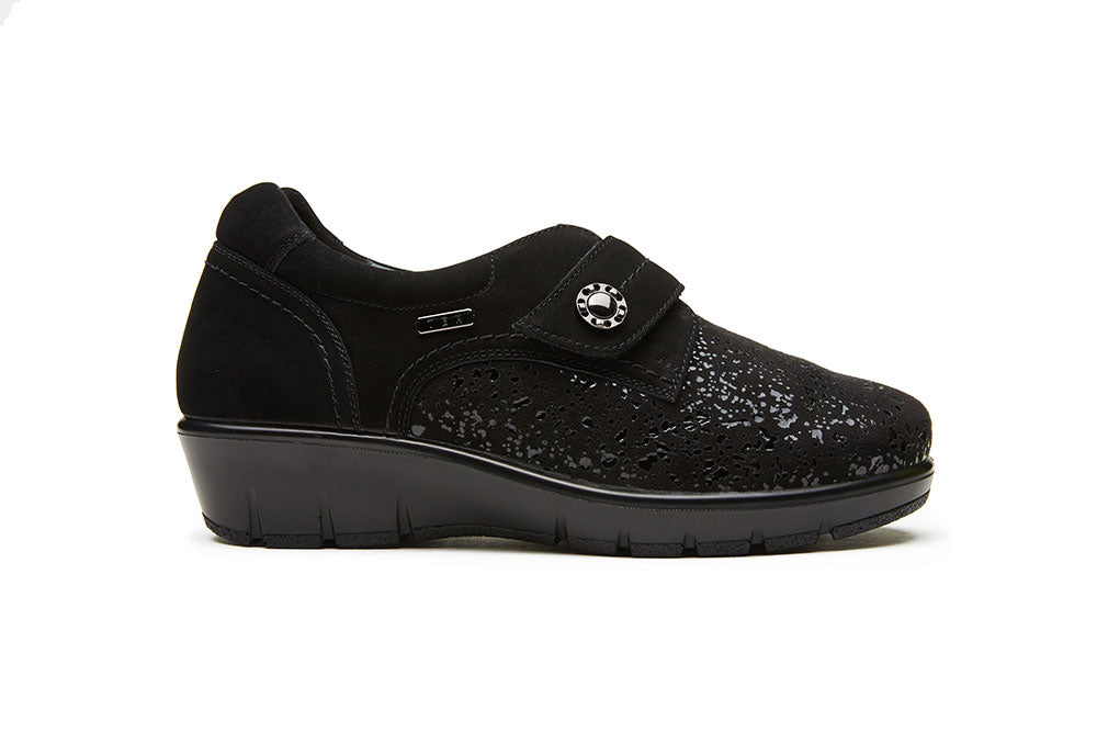 G Comfort 799-4/799-4ST Black Sparkle Stretch Velcro Extra Wide Shoes with Wedge