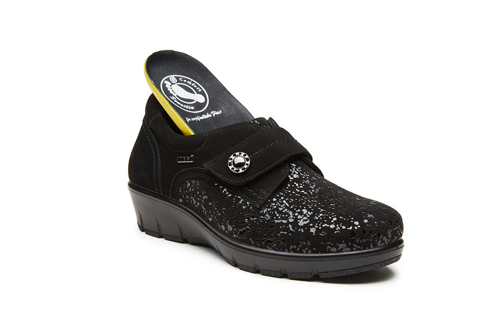 G Comfort 799-4/799-4ST Black Sparkle Stretch Velcro Extra Wide Shoes with Wedge