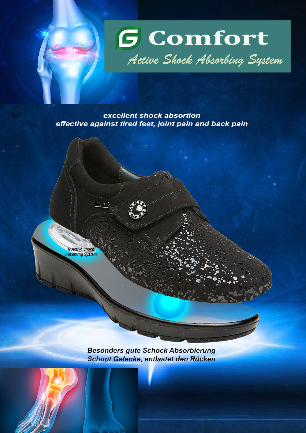 G Comfort 799-4/799-4ST Black Sparkle Stretch Velcro Extra Wide Shoes with Wedge